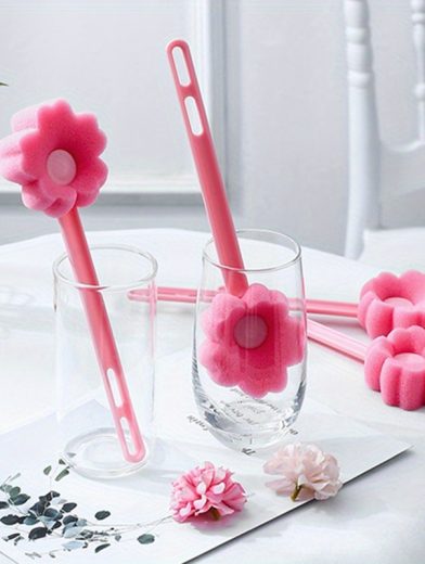 Korean Cup Brushes Baby Bottle Cleaner Cup Scrubber Long Handle Bottle Cleaning Brush Kitchen Cleaning Tools Pink Sponge Brush